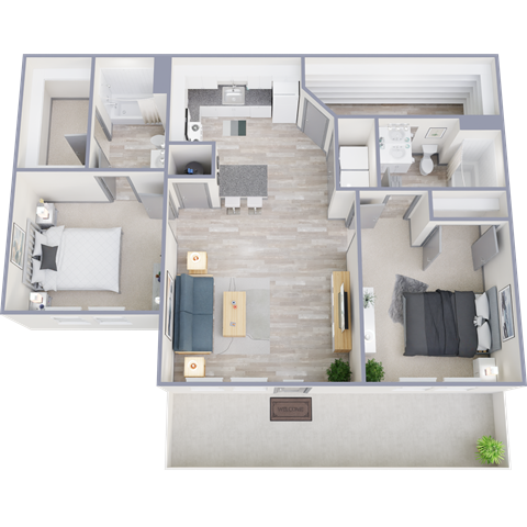 Floor plan for 2 beds, 2 baths, 1040 sqft